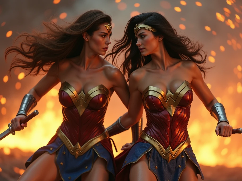 Now create for me a fight scene between Wonder Woman and Super Girl where they are injured during the fight and with their uniforms torn, Super Girl has her top torn showing part of her breasts, preparing to punch Wonder Woman, who in turn is already without her top with her breasts showing with a movement.