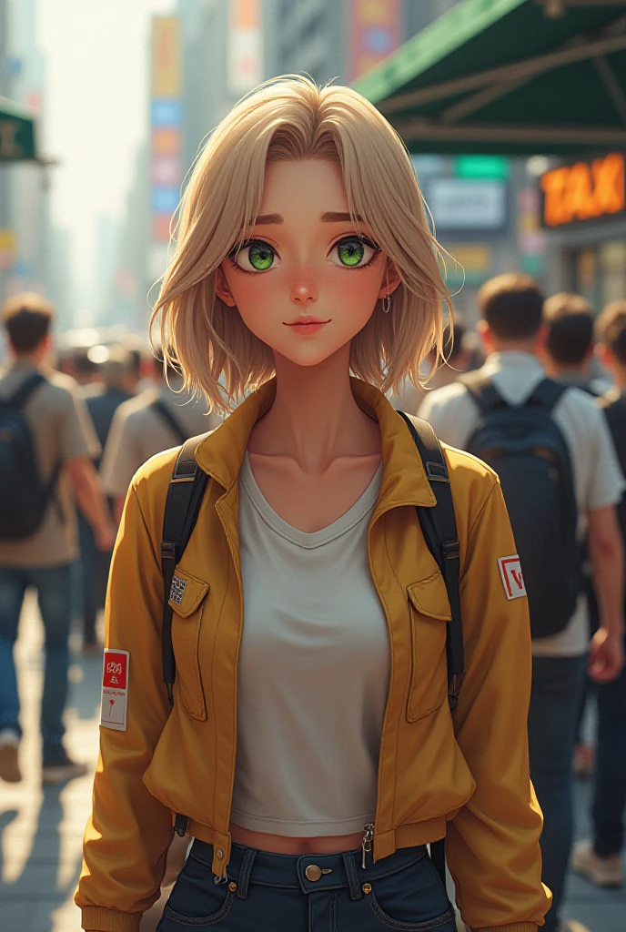 woman, 39 years old , medium length dark blonde hair , green eyes, face asymmetrical , normal pretty , friendly, dressed sporty and modern, waiting at the taxi stand