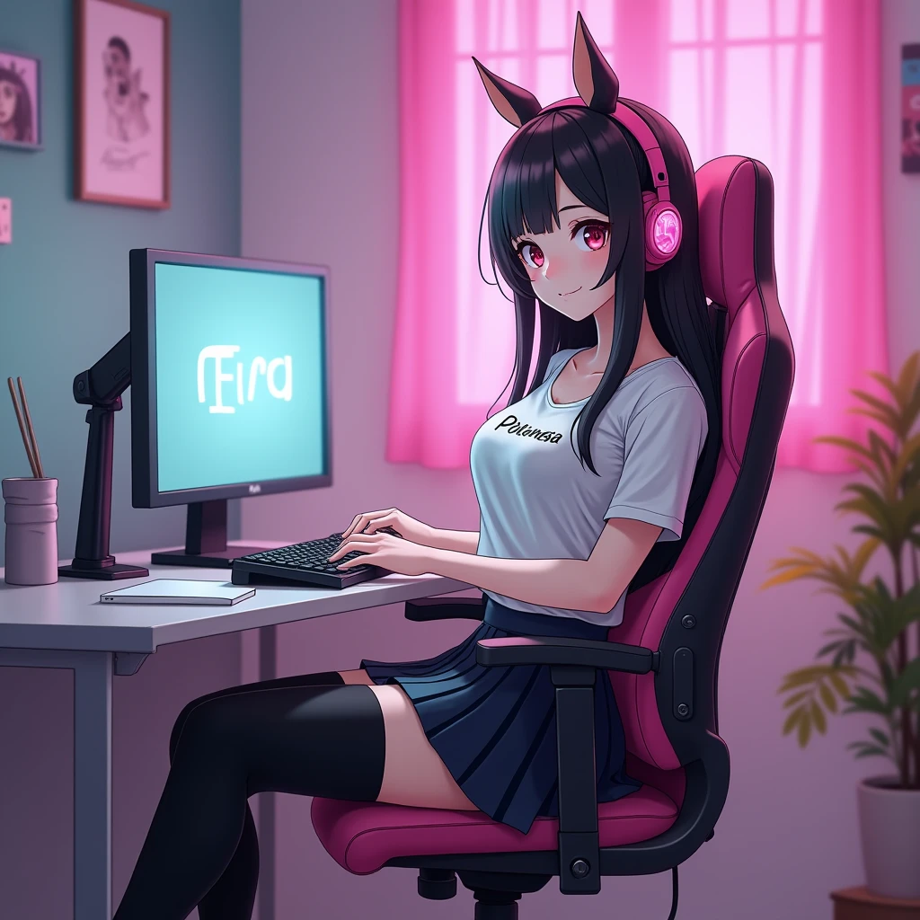 score_9,score_8_up,score_7_up, sierra, a young nerdy Anthro furry wolf woman, white furry body, tall, awkward, long black messy hair, hair covering one eye, long black hair, blue eyes, small breasts, white wolf tail, wearing oversized red shirt, black panties,sitting on a gamer chair, leaning back, holding a ps5 gaming controller,  looking at a tv screen, wearing gaming headphones, hands on a keyboard, raised eyebrows, mouth open, eyes half open, hands on a keyboard and mouse, in a messy bedroom, side view, 