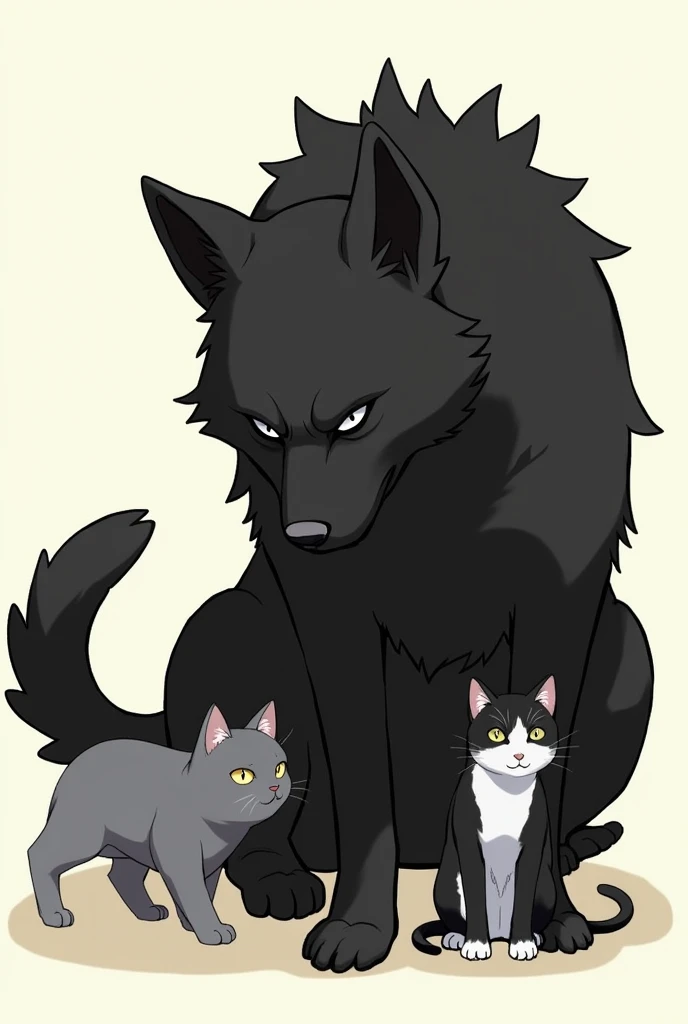 6 cats,a black cat with green eyes,a white cat with blue eyes,a striped cat,with a white part,under the belly and dark green eyes,a white cat with green eyes,a cyan cat with blue eyes,a striped cat with whites of dark green eyes,and 2 dogs,a hairy little black guy with black eyes,a large dog with caramel color and light brown eyes,a white goat with yellow eyes and a black stripe in the middle,They are together in a garden with butterflies flying over them.