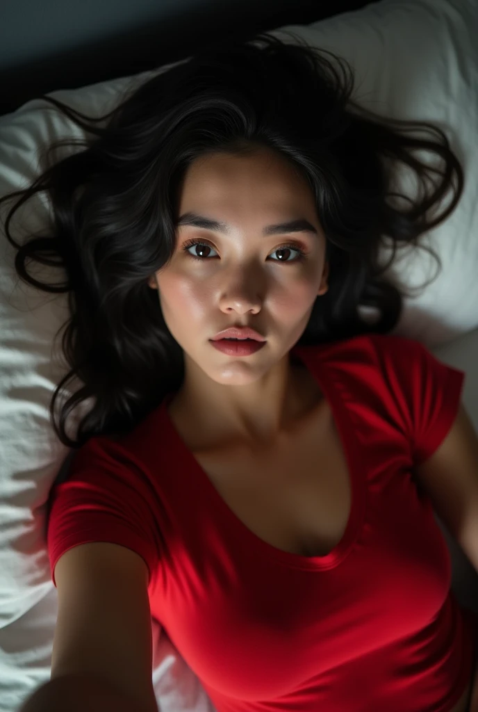 Selfie of a stunning 19 year old beautiful girl , with silky black hair flowing in soft waves. She reclines on a bed, her porcelain-like skin glowing in the dimly lit room. Wearing a red tshirt round neck , very huge breast , that hugs her curves, she rests her head on a plush pillow, gazing directly into the camera lens. The low-key lighting accentuates her features, while the ultra-high definition captures every detail of her face and body. Shot from a high angle, this RAW image is a masterclass in realistic photography, with textures so vivid they seem to leap off the screen , self shot, selfie