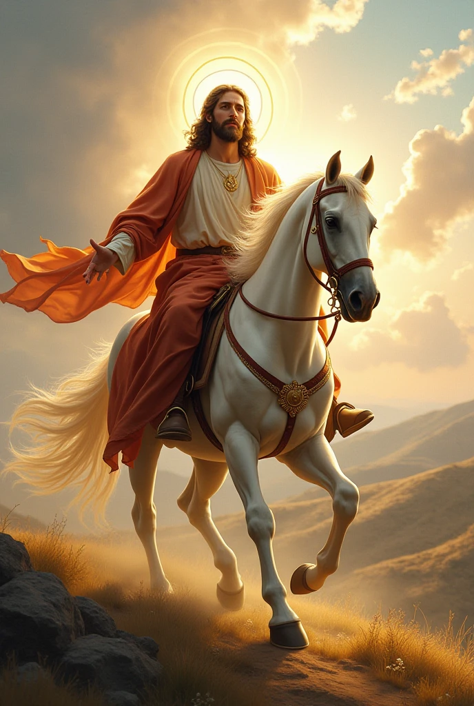  God. Jesus age 25  is  with clean shave on riding with fire eye's horse 
