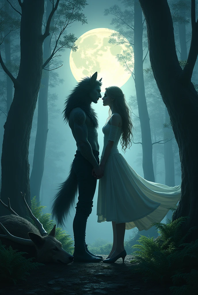 Make a character similar to Little Red Riding Hood, adult. pale, black hair and big blue eyes, witch-like. Do it with a tall man, suntanned, and with platinum hair, half werewolf. Make it as if it were a Dark fantasy illustration