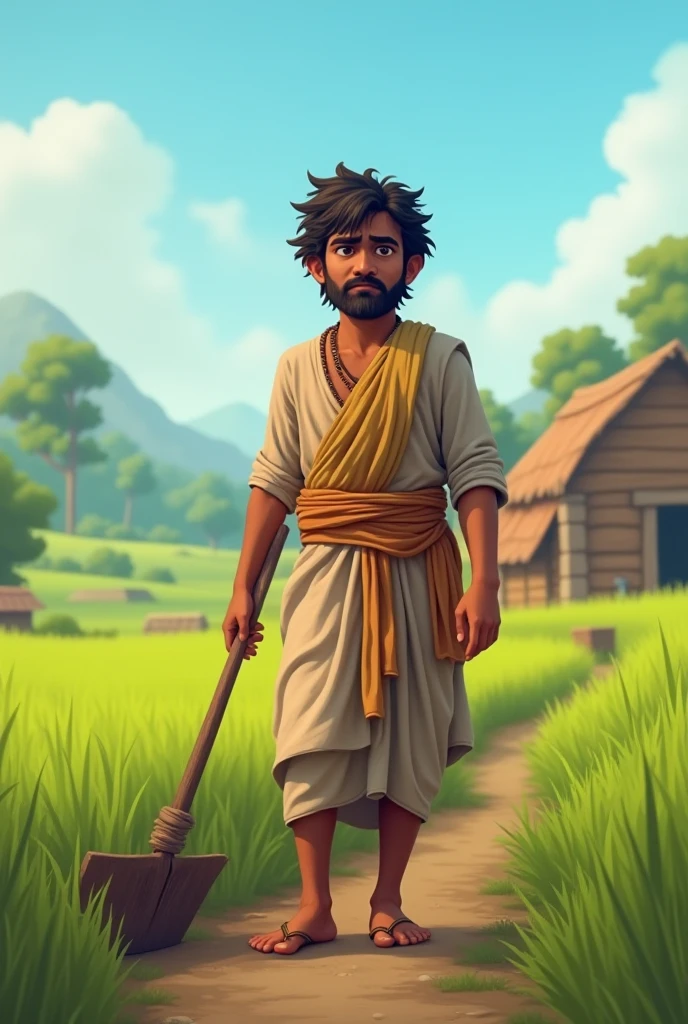 /imagine prompt: 3D animation, personality: [Depict Sudama standing at the edge of the village, holding a small handful of beaten rice in his hand. His face shows a mix of hesitation and determination, with furrowed brows and pursed lips. The path leading to Dwarka is visible in the background, lined with trees and flowers, symbolizing the journey ahead] unreal engine, hyper real --q 2 --v 5.2 --ar 16:9