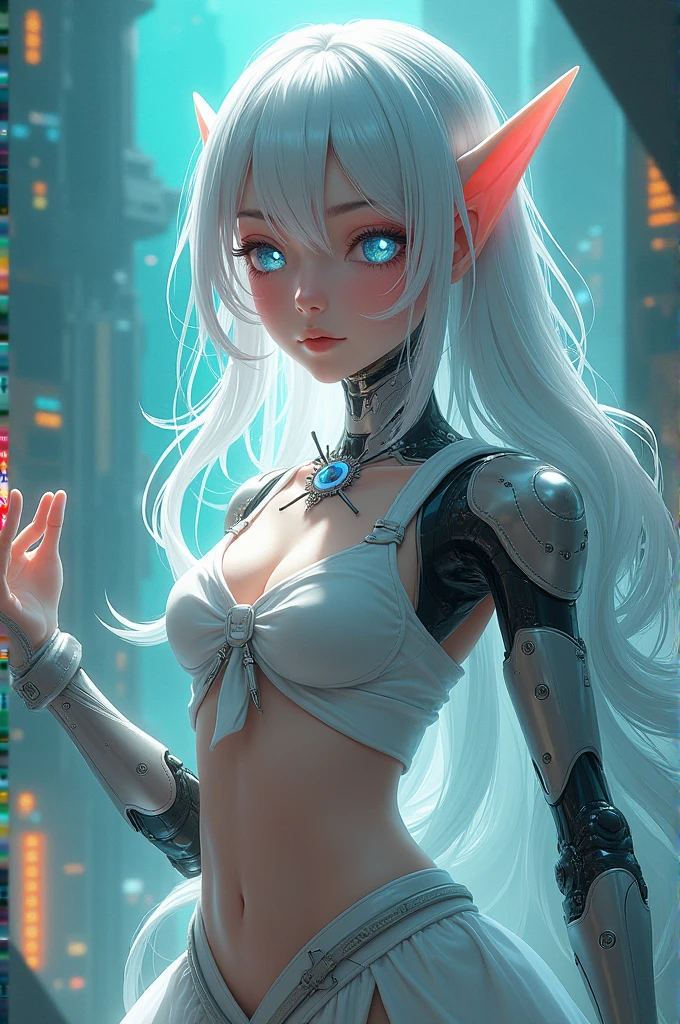 elf woman in translucent ethereal mechanical form,parted lips, futurist,mechanical joints,fundo urbano futurist,modelshoot style, (extremamente detalhado CG unidade 8K papel de parede), Abstract stylized beauty,,translucent body parts, Surrealism, 8K, super detaill, best qualityer, awardwinning, anatomically correcte, 16K, super detail, drops of water, drops, water, detailed face, detailed eyes, detailed hands