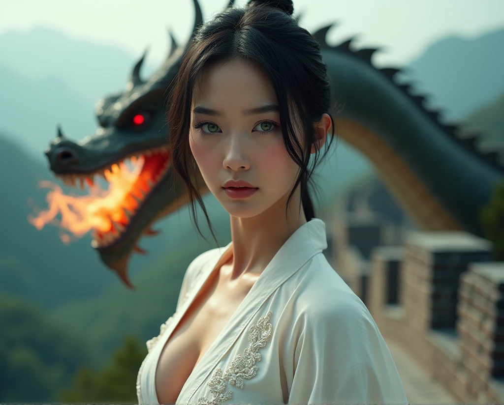 (RAW Photo, Best Quality), (Realistic, Photo Realistic: 1.3), Extremely Refined and Beautiful, Amazing, Fine Detail, Masterpiece, Ultra Detail, High Resolution, (Best Illustration), (Best Shadow), Intricate,
A beautiful female Taoist priest dressed in a white see-through robe and in a bun sits on the eaves of the Taoist temple, overlooking the monks meditating below. In the distance there are pavilions, towers and distant mountains, decorated with floating clouds, (dragon in the background: 1.3), sunset, storm,
Clear focus, volumetric fog, 8k UHD, DSLR, high quality, (film grain: 1.4), Fujifilm XT3, --auto