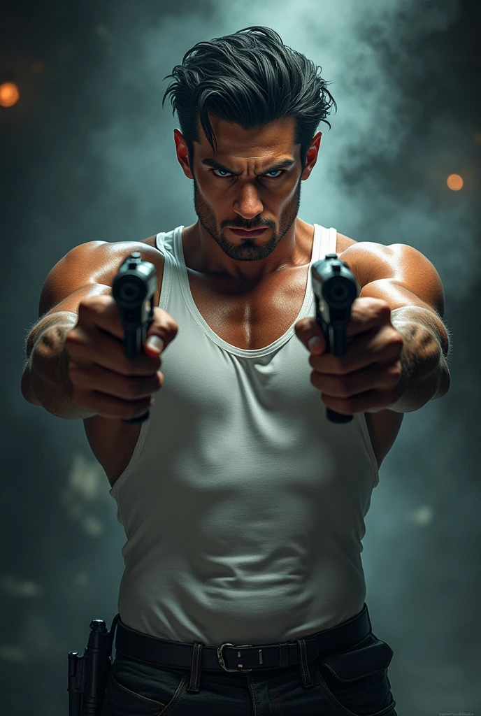 Generate a detailed visual of a man with a modeling look.He has short hair and is pointing a gun with his right hand directly at the camera.But the poster shows the man in low angle frame. From bottom to top angle.There is a bleeding wound on his left hand, around which a cloth is wrapped.The wound on the left hand is wrapped with a cloth, tightened and bitten with the mouth.He has a flexible and slim body and is shirtless. The image should be dramatic and intense, with a focus on the man's expression and posture.Action Movie poster.The angle of the image is a low-angle shot. This means the camera is positioned below the subject, pointing upwards. This type of angle is often used to make the subject appear more powerful, imposing, or authoritative.