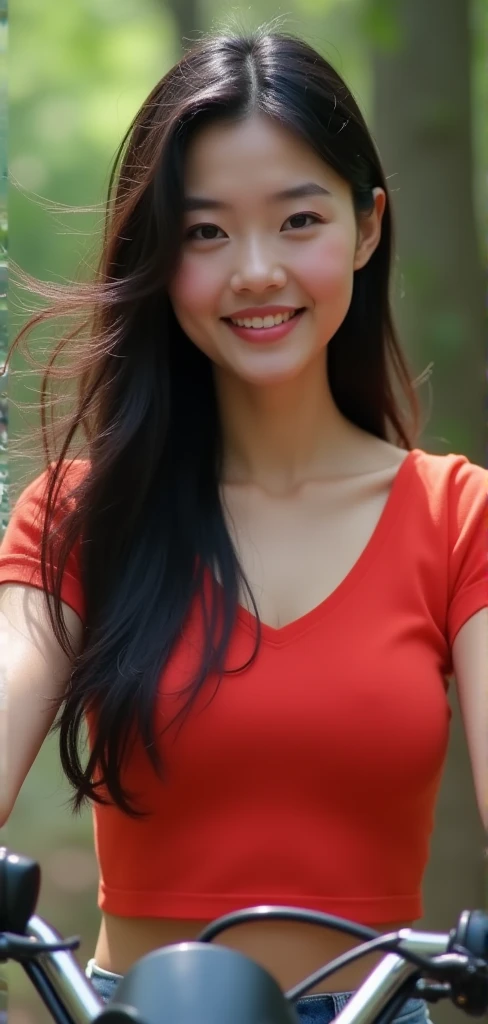 ((Best Quality, 8k, Masterpiece:1.3)), 40k, photography, Perfect Body Beauty:1.4, cinematic lighting, black long hair, straight Bangs, (red t-shirt:1.1) , (in front of cafe:1.2), Highly detailed face and skin texture, Detailed eyes, Double eyelids, whitening skin, perfect face, (huge breasts:1.5), (nighttime), smile, earrings, necklaces, mature women, coffee and cake on table, (a women sitting in front of cafe), beach background