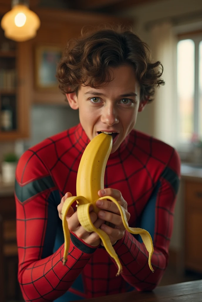 There was a young man holding a banana in his hand, Pretty Boy, Timothy Chalamet, his frank blue eyes, YouTube 视频screenshot, 音乐视频screenshot, a24 电影photography, Declan McKenna, screenshot, High-quality movie stills, a24!photography, he has short curly brown hair, screenshot, tyler
