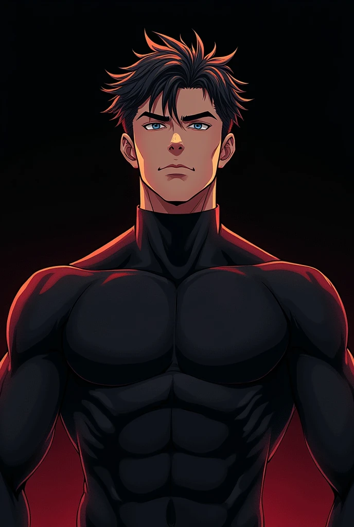 man, stalwart, Long sleeve sports shirt made of black lycra., Short black hair combed back and red eyes., Black leather belt and black gloves, thin, 24 years old