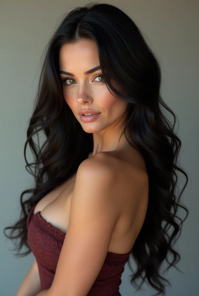 An Argentinian woman, brown eyes, brunette ,long brown hair, beautiful face, hot idol girl, beautiful latin woman, Natural makeup、Luxury bra Latest hairstyle fashion model 28 years old, with makeup, full body, looking at camera, detailed face, big open cleavage, wearing a super sexy black bodysuit t-shirt with tulle at the neckline and sleeveless, ,she doing very sexy poses, she is promoting her onlyfans, smile, top-quality、hightquality、Extreme Detail Photography、Eye for extreme detail、Super Detail Face、Hair in super detail、Super detail body, (8K、Raw photography、top-quality、masterpiece:1.2)、(realisitic、Photorealsitic:1.37), Perfect eyes, Perfect iris, Perfect lips, perfect teeth, Perfect quality skin, Soft front light, extremely high details((Detailed face:1.2)), ((A detailed face、Characterized by fine skin), pale skin, subtlesmile, reflector stay piece) (perfectly proportions)(photos realistic)(Best Quality) (Detailed) 、(sharp focus) 、Instagram Model Pose、25-years old, a blond,Longhaire, (she is smiling), (inside room: 1.3)