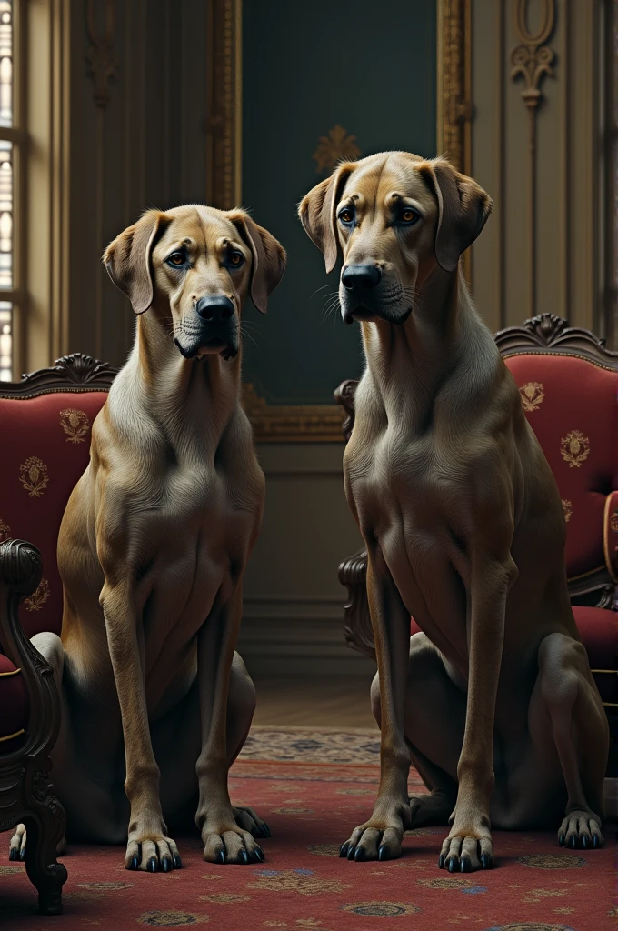 masterpiece, Highly detailed, super realistic, 4k, 8k, detailed background, Victorian style,
(Royal Living Room), (large white dogs sitting side by side), (from side),