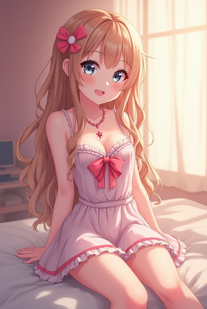 top-quality、lighting like a movie、1girl in、on the beds、Wearing a frilly cami dress、a smile、all-fours、medium chest、Chest exposure、