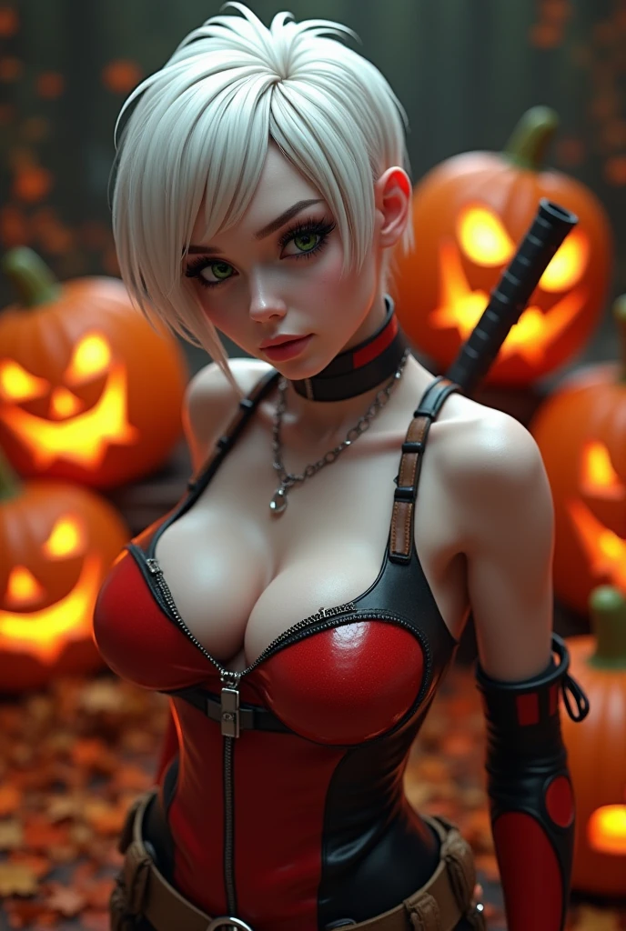 tattoo girl, very beautiful, murderous, Harley Quinn, crazed look, dark background, 8K, dynamic wallpaper, very delicate, very dense, creepy smile, close up to camera, dripping red one piece swimsuit, red beach background