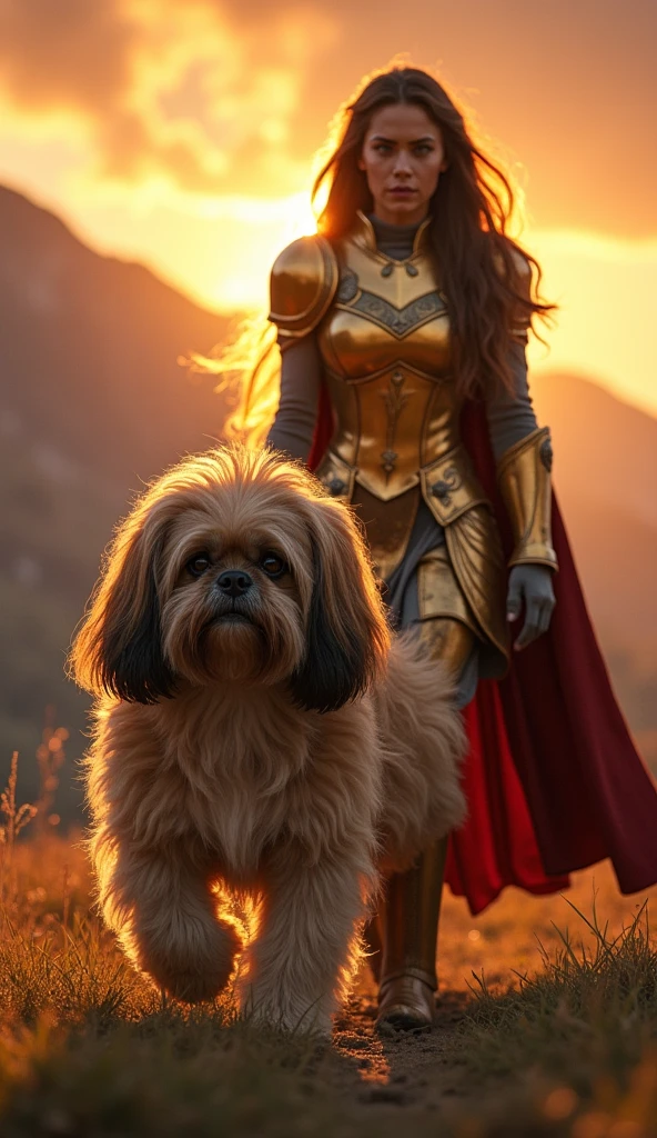 high quality cinematic shot, soft shadows, a mature female knight commander in a battlefield, petite, skinny, walking, long wavy hair blowing in the wind, smiling, looking to the side, wearing heavy battle armor with intricate royal symbols,  fluffy bears in background, tall grass
<lora:add-detail-xl:1> 
<lora:xl_more_art-full_v1:1>
<lora:Microwaist_XL_v01:1>