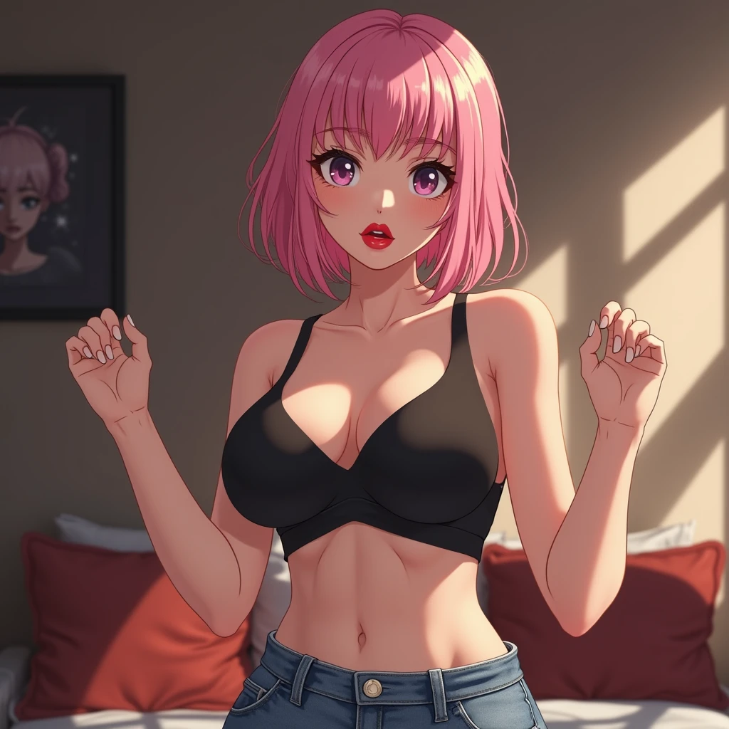 Masterpiece , best quality, ultra detailed , 8k, close up shot, 1 girl, looking at viewer, (black bandeau top:1.2), microshorts, denim shorts, cleavage, skindentation, (huge breasts:1.4), slime waist, midriff, navel, wide hips, (groin:1.2), thighs , (thick thighs:1.2), short hair , pink hair, purple eyes, smile, open mouth, blush, house indoors