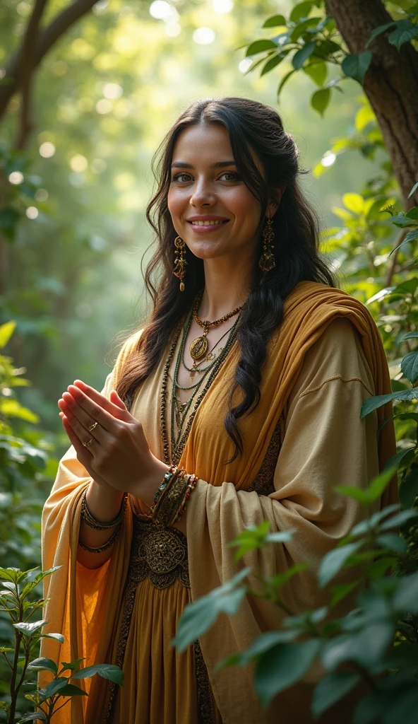 young female-looking Druid, no beard or mustache, long black curly hair, fine clothes in beige colors, green and gold, old brown tunic