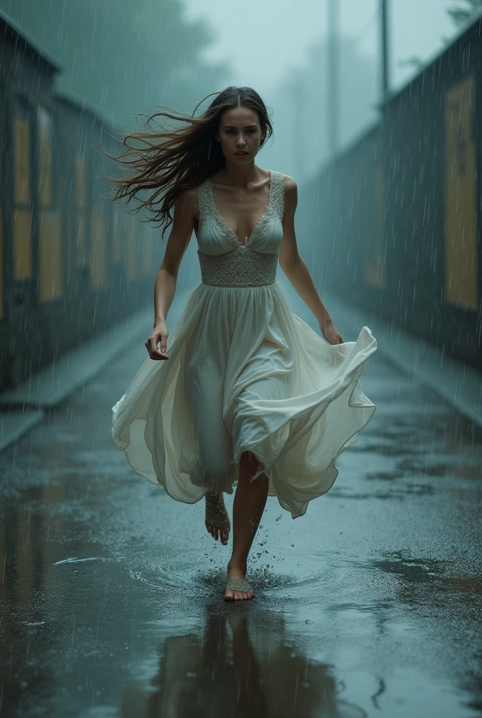 young busty keira knightley, her dress is blowing up, stockings, big tits, disheveled messy curly hair, Transparent torn unbuttoned shirt, torn skirt, Transparent wet skirt, heels, naked belly, emotions play on her face, nervous, running away, panicking, storm, downpour, rain, lightning, full body pose, running away, hair blowing in the wind, in a medieval city, fog from which fantastic creatures emerge, dark fantasy theme, attractive, Gorgeous, beautiful, alluring, wet, art by Carne Griffiths and Wadim Kashin, perfect composition, beautiful detailed intricate insanely detailed octane render trending on artstation, 8 k artistic photography, photorealistic concept art, soft natural volumetric cinematic perfect light, chiaroscuro, award - winning photograph, masterpiece, oil on canvas, raphael, caravaggio, greg rutkowski, beeple, beksinski, giger, black and white still, digital Art, perfect composition, beautiful detailed intricate insanely detailed octane render trending on artstation, 8 k artistic photography, photorealistic concept art, soft natural volumetric cinematic perfect light, chiaroscuro, award - winning photograph, masterpiece, oil on canvas, raphael, caravaggio, greg rutkowski, beeple, beksinski, giger,