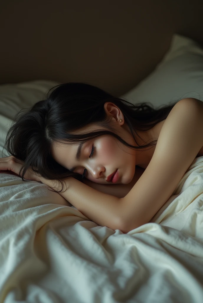 (best quality:1.2), (masterpiece:1.2), (8K:1.2), (intricate details:1.2), (cinematic light:1.2), (photorealistic:1.2), (raw, highres:1.2), (This image shows a woman tilting her head back in a dimly lit room. Her eyes are closed, and a calm and peaceful expression is on her face. Her long hair falls naturally, and the lighting casts a soft purple and blue hue on her face and hair. Overall, the image evokes a serene and dreamy atmosphere.)