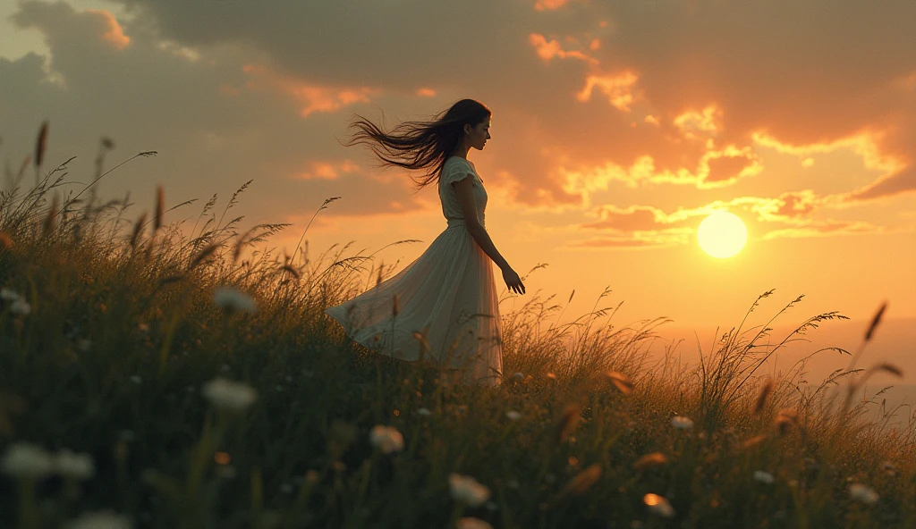 silhouette of a figure of a grieving woman walking away, with long black hair that moves in the wind, with the rosemary in the shadow in the foreground, farewell atmosphere, warm tones of the sunset --auto --s2