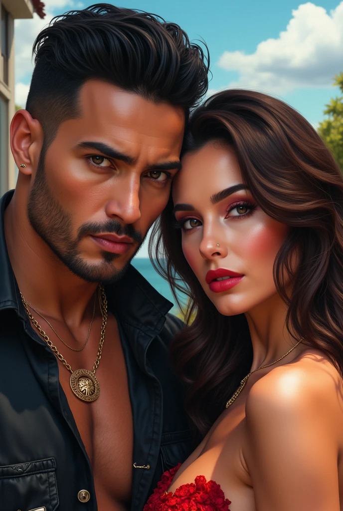 Create a picture of a young couple.
The man is muscular and has a full beard. He has dark blonde, very short hair.
The woman has long black hair and wears large designer glasses. She has a sharp nose.
The couple sits on a roof terrace in Apulia. Both drink espresso.
A baby sits next to them.
The image should appear realistic.