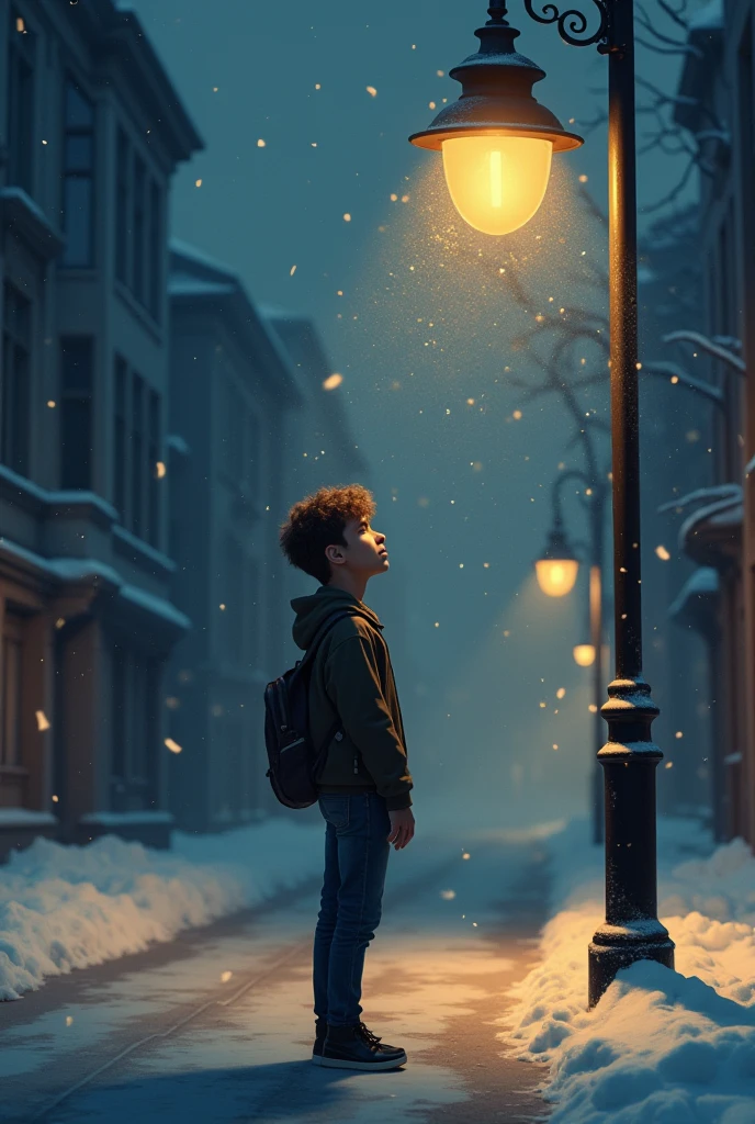 A 7-year-old orphan boy with curly hair sits on a swing outside a school during Christmas time 