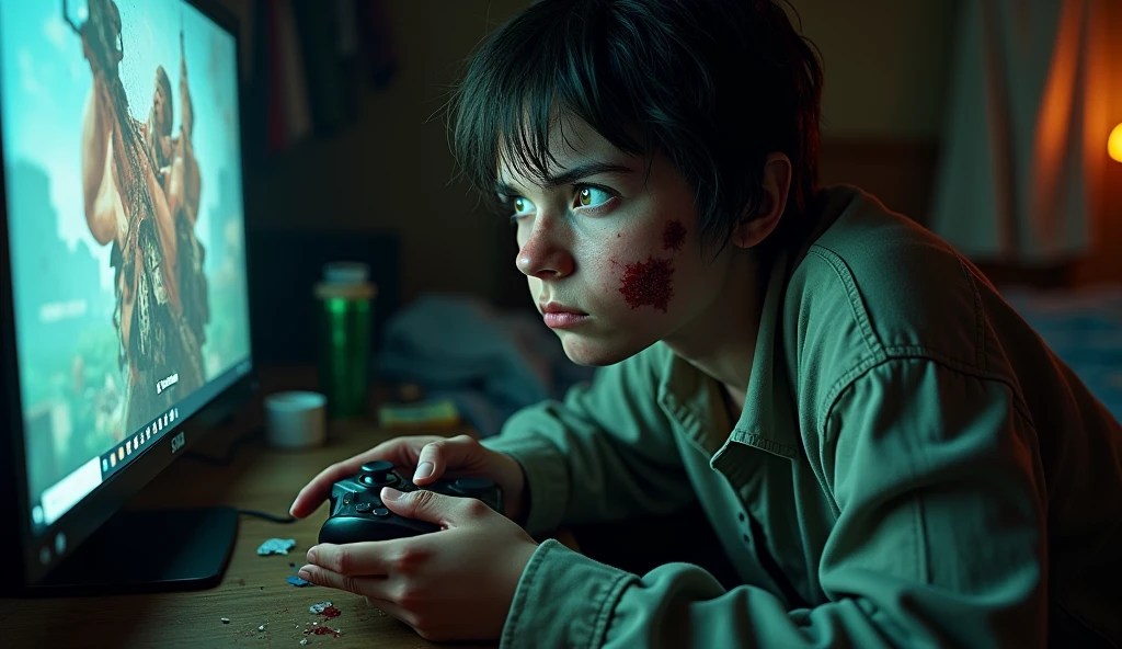Generate an image of a person with video game disorders, more critical, adolescent, not child