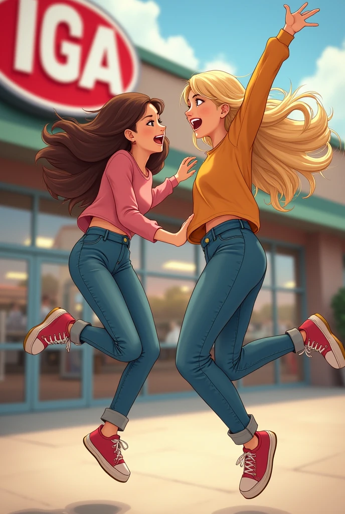 A white woman with blue eyes and brown hair kicking in the stomach of a blonde woman with brown eyes., all of that in the Pixar style
