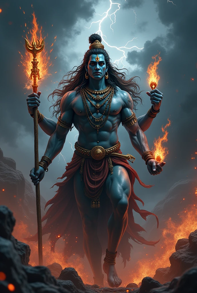 a powerful huge body, huge arms, muscular lord shiva, day light, lord shiva, ((throwing trishul towards the viewer, burning trushul, very charming face,)), closeup shot, extremely detailed skin and well detailed eyes (best quality,4k,8k,highres,masterpiece:1.2),ultra-detailed,(realistic,photorealistic,photo-realistic:1.37),dramatic lighting,cinematic composition,intricate details,vibrant colors,mystical atmosphere, fire and foggy blurry environment , dynamic action