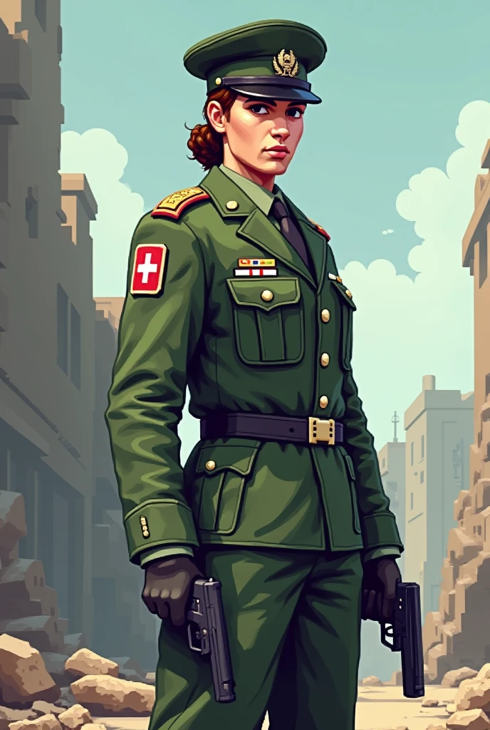 polina,brown hair,twin braids,brown eyes,lips,
green uniform,green hat,serious,belt,
battlefield,
(insanely detailed, beautiful detailed face, masterpiece, best quality)solo,<lora:polina:0.8>,