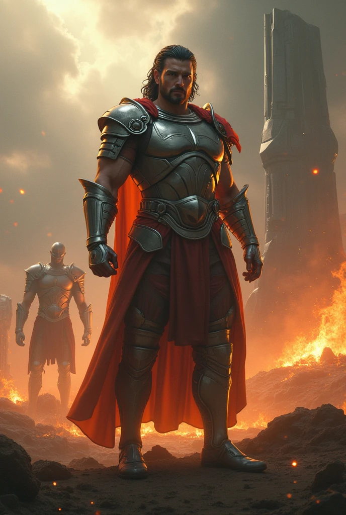A guy  defeating many people and his sword is fully coverd with blood and he is wearing his red cape and his crown is placed on the ground