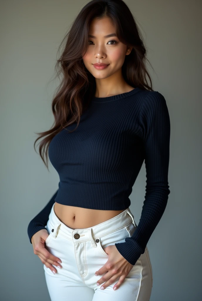 photo of beautiful (1nd1areyn0lds:0.99), olive eyes, realistic, beautiful, photorealistic, ultra realistic, best quality, ultra high res, (necklace), ((eyeshadow)), ((eyeliner)), mascara, bracelet, earrings, jewelry, ((detailed face)), ((detailed eyes)), ((full body)), (full body portrait), a gorgeous woman, walking along a forest path, wearing a ((bright blue turtleneck crop top sweater)) and ((high waisted dark blue skinny jeans)), (sunset:1.1), curvy waist, (8k, RAW photo, best quality, depth of field, ultra high res:1.2), (absurdres, intricate, photorealistic, masterpiece, ultra-detailed:1.3), <lora:more_details:0.8>