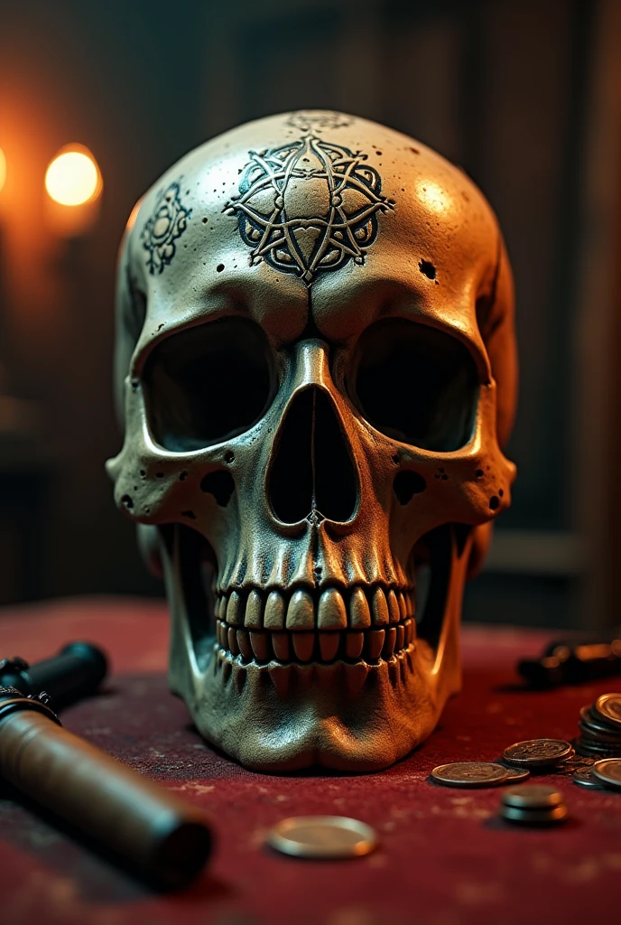 ((realistic,digital art)), (hyper detailed),h4l0w3n5l0w5tyl3DonMD4rk Mummy, Demonic, Rice Krispie Treats, Skull-shaped Candles, Crystal Ball,, <lora:h4l0w3n5l0w5tyl3DonMD4rk-XLv1:1>