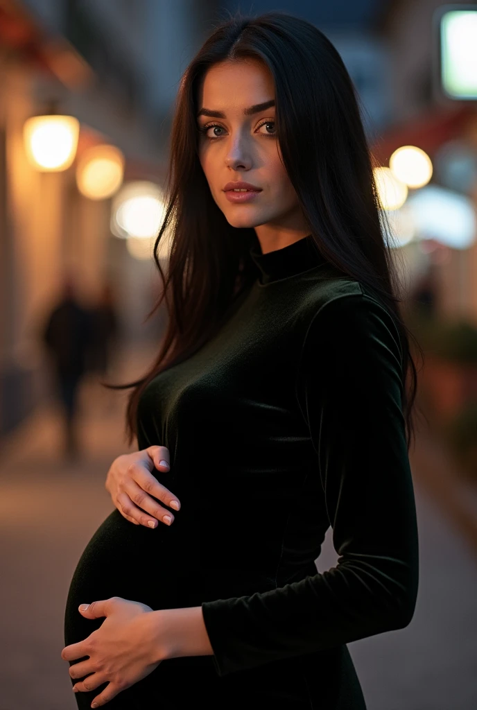 Albanian, girl, brown hair, blue eyes, 7 months pregnant, Medium-sized breasts, Gothic clothing, Auckland, Maternity fashion, Alternative style, Pregnancy wardrobe, Urban maternity wear, City chic, Pregnancy in the alternative scene