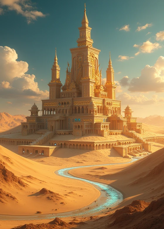 A rich kingdom located in the desert, with buildings predominantly in white and gold, inspired by Ancient Egypt, Ancient Greece and Ancient Rome