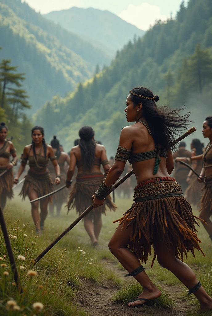 A group of beautiful female Haka warriors perform the Haka dance under a stormy sky.
 The sky should look dark and threatening, reflecting the power and intensity of the Haka dance.
 Soldiers must appear unwavering and brave the storm.
 Use bold colors and high contrast to increase the intensity of the image.
 Pay attention to the detailed costumes and accessories of the beautiful female Haka warriors.
 Make sure the image has high resolution and good quality. realistic, ultra detail, 70mm lens, 4k, realistic, carismatic, very detail,  full body, real skin.