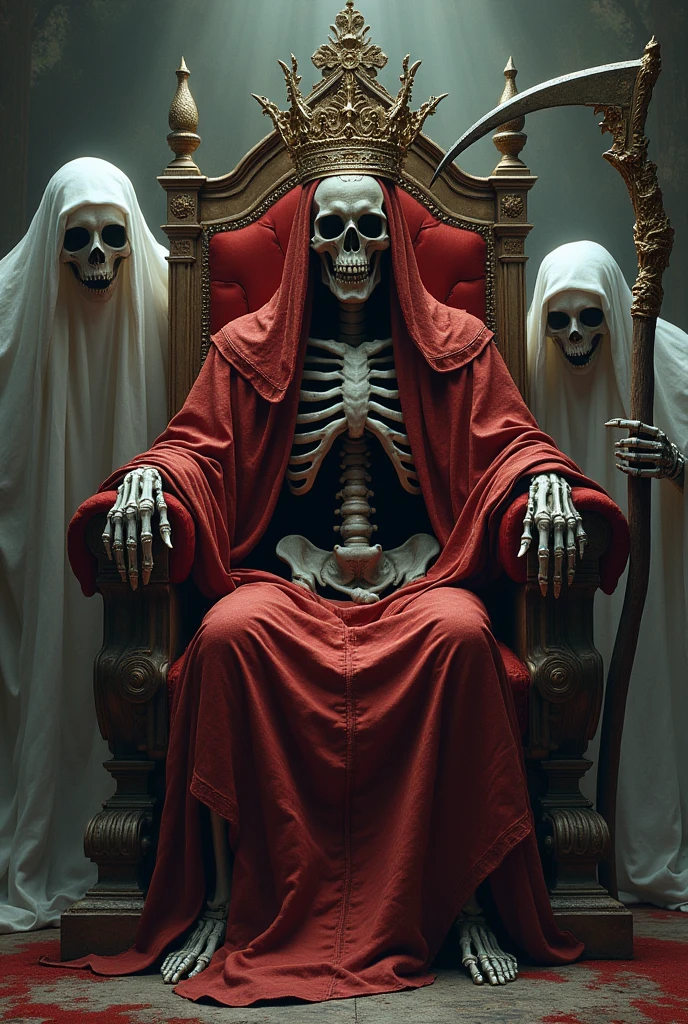 skeleton death sitting on the throne with a sickle in one hand and the world in the other hand, Stepping with one foot on the head of the crowned king , With number 13 on the throne and ghosts behind the throne
