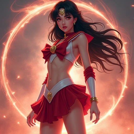 sailor scout, sailor mars, epitome of beauty, beautiful face, red eyes, full body, masterpiece, hd, 8k, vivid, sunset