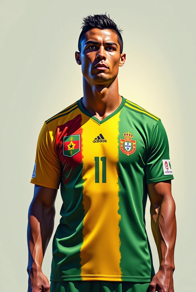 tight white t-shirt with short green sleeves with yellow jaguar spot detail on the sleeves and a small Brazilian flag on the chest