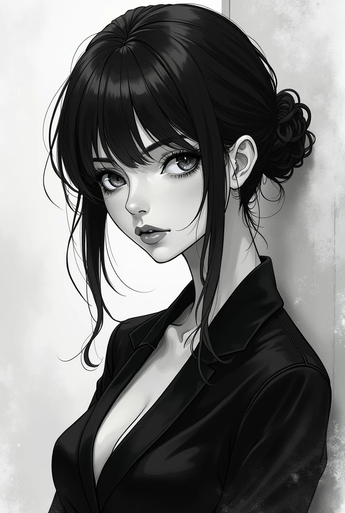 Monochrome manga art style, alternative woman, alluring elegance, eyes sparkling with affection, flirtatious smile, eager expression conveying warmth, dynamic and expressive pose, intricately detailed line work capturing emotions, plush background enhancing romantic atmosphere, contrasting shadows shaping her silhouette, pose suggesting movement and grace, high contrast black and white palette, soft gradients illuminating features, black ink strokes capturing hair delicately blowing, film grain texture emphasizing nostalgic feel, evoking a moody ambiance, dramatic contrasts highlighting allure and depth, intimate moments encapsulated in an expressive gaze, playful gesture inviting viewer interaction, full-body portrayal infused with character and story, ethereal feel enhancing the romantic essence, classic manga visual narrative reminiscent of beloved series, composition balanced with emphasis on character, and emotional expression, framed in traditional manga panel layout, creating a cinematic style aesthetic, enhancing the engagement and storytelling charm synonymous with the genre.