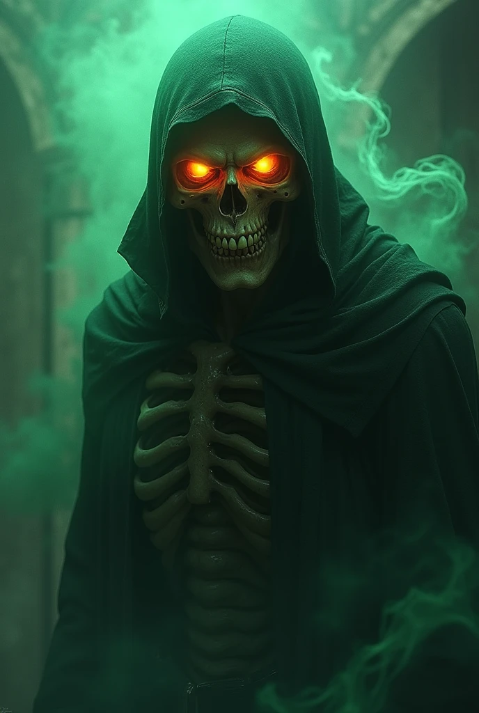 (photorealism:1.2), dark phantasy setting, man in hood, hood hides face, shadow on face, mask on face, green smoke from eyes, dark atmosphere, gloomy atmosphere, black and dark green colors