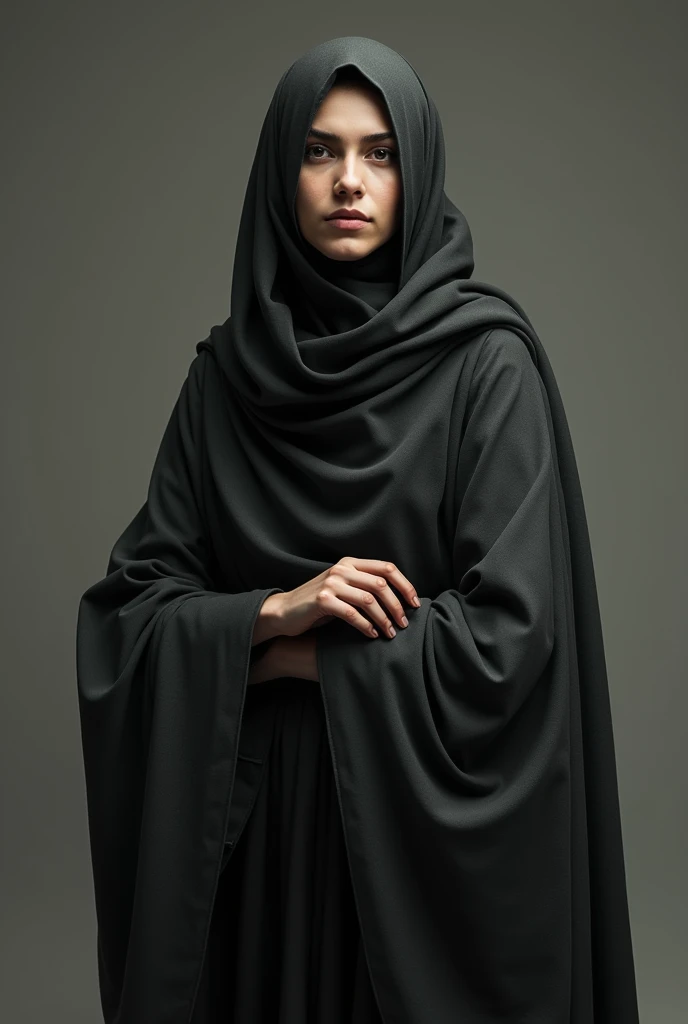 Portrait of 30 years old muslim woman wearing abaya and niqab, proper face, standing streight, frontal view, looking at camera, no facial expression, no make-up, photorealism:1.2, high detail, high resolution, 4K, UHD
