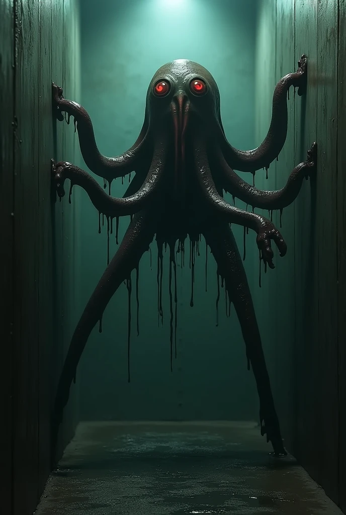 black octopus reaching his tentacles in the dark room