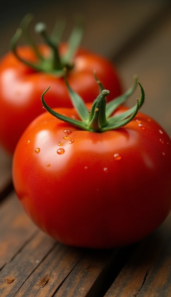 a close-up shot of a ripe tomato, showcasing its vibrant red color, glossy skin, and the tiny droplets of water on its surface