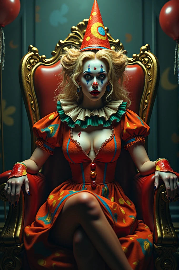 (masterpiece, 8K, UHD, RAW), a sexy girl kissing a evil clown in bed, (((a beautiful young woman riding on top of one huge horrificclown with a red nose))), (she rides the male Clown with lustful femininity), her beautiful body is covered by a sheer translucent white tunic with Art Nouveau embroidery, big sexy perky breasts, her pristine delicate features contrasts with the horrendous menacing fangs of the corrupted male clown, full body vibrant illustrations, intricately sculpted, realistic hyper-detailed portraits, queencore, depicts real life, the scene happens in a luxurious Art Nouveau boudoir with studio illumination