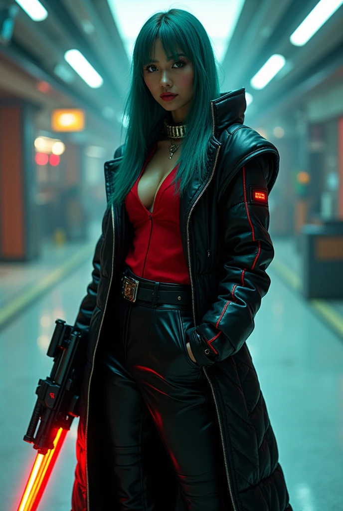 epic photograph of a young woman wearing cyberpunk suit, ginger, cyberpunk, full body, red color grading, ektachrome, Fujifilm XT3