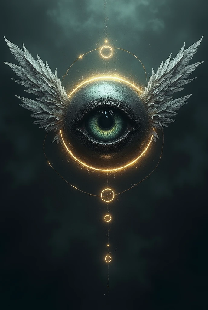 A dark eye , off, with two wings around that eye . and with three ...