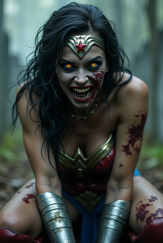 Extreme close-up Wonder Woman zombie Silver metal diaema totally disfigured face Long silver metal bracelets Red boots Zombie eyes The Walking Dead