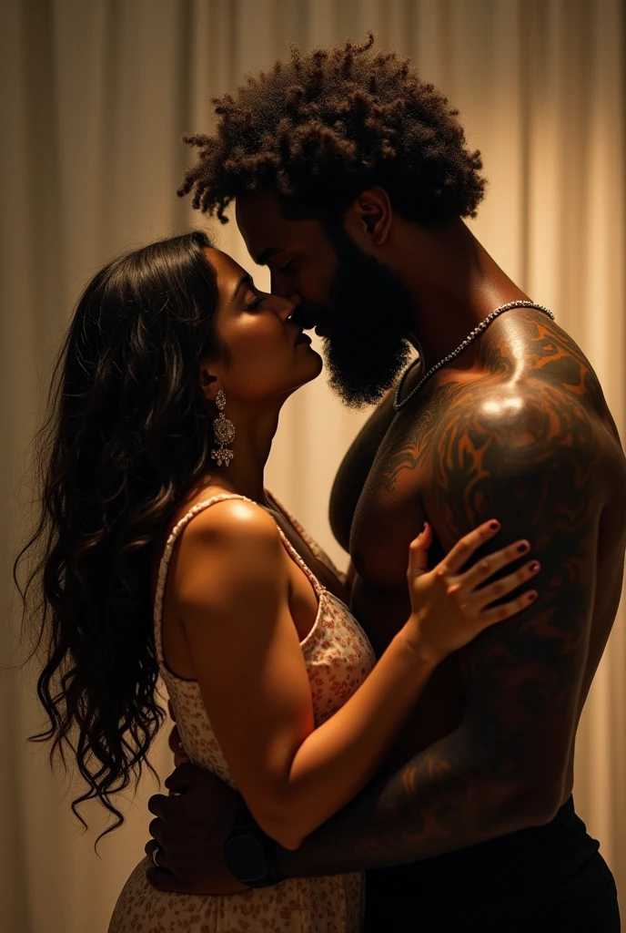 I want a sensual image of a young man, cinnamon skin, black hair, corpulent, shirtless, portrayed against a black background, with a woman kneeling beside him in sensual attire.