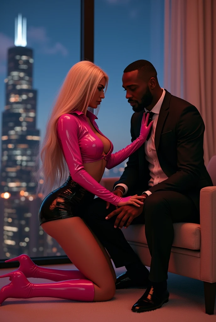 girl, white hair long hair with bangs, cute, have messy hair, wearing mini pink dress, with black man professor her bf kiss